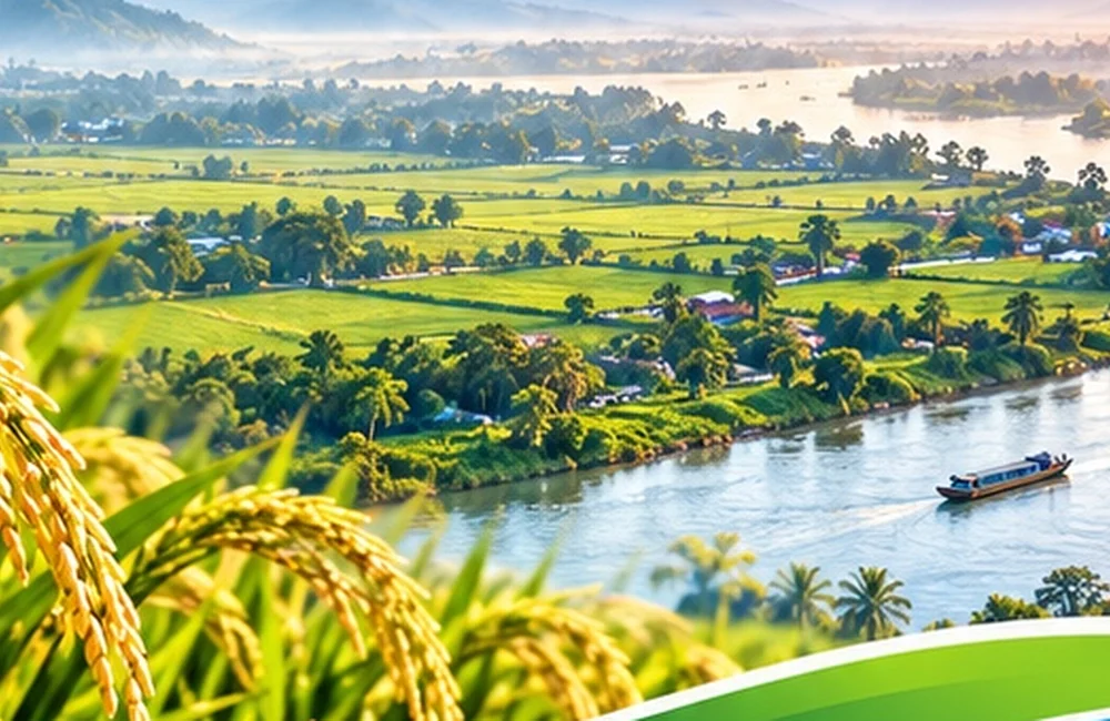 Agricultural fields and waterway inspired by the Mekong region