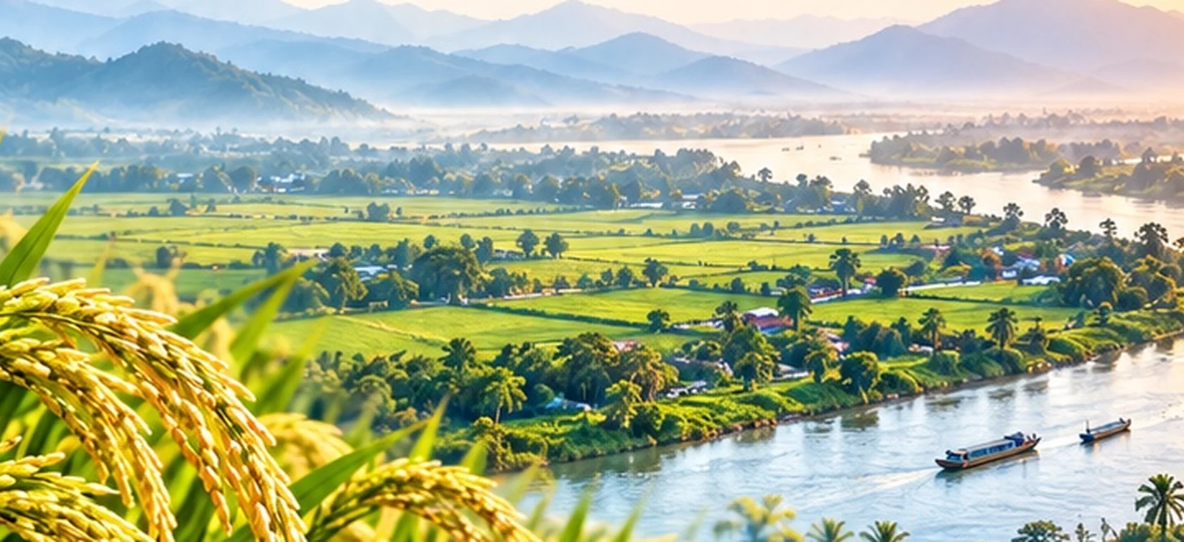 Rice fields and river landscape inspired by the Mekong Delta